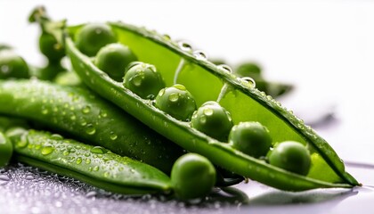 Canvas Print - macro shot of green sugar snap peas with water drops green pea beans vegetables close up food photography