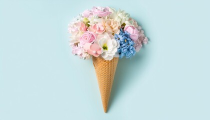 realistic ice cream cone filled with pastel colored flowers