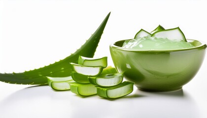 clean and simple aloe vera setup featuring fresh sliced aloe leaves and aloe gel in a bowl minimalistic style bright and cheerful isolated on a white background