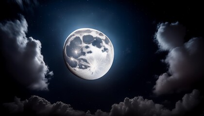 Wall Mural - amazing scenery of white glowing moon with craters in black sky with clouds at night
