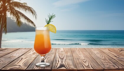 Wall Mural - tropical cocktail on a wooden tabletop against the background of the sea seaside vacation concept