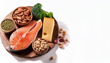 Wall Mural - protein sources meat fish cheese nuts beans and greens