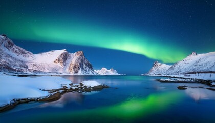 Poster - aurora borealis over snowy mountains frozen sea coast reflection in water at night lofoten islands norway northern lights winter landscape with polar lights ice in water starry sky with aurora