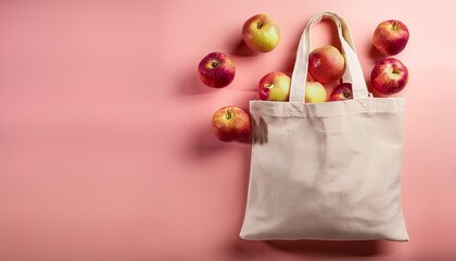 Poster - a canvas tote bag filled with apples on a pink background