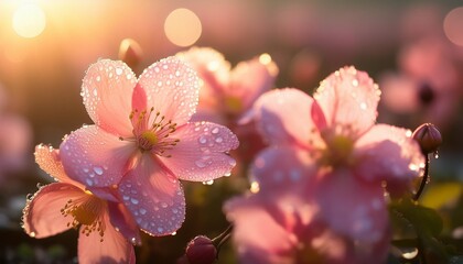 Wall Mural - pink flowers covered in water droplets glistening under the sunlight