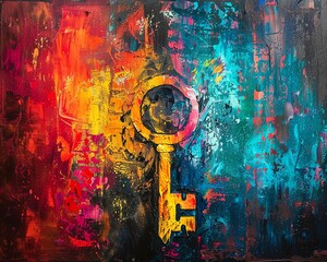 Vibrant abstract art featuring a golden key against a colorful backdrop, symbolizing freedom and unlocking potential.