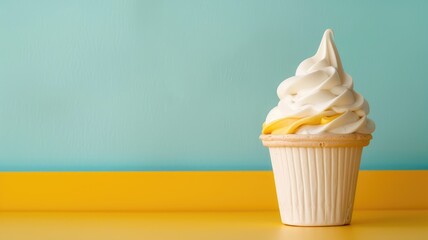 Wall Mural - Soft-serve vanilla and lemon swirl in ribbed cup against yellow teal backdrop