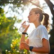 © Irina Ukrainets - Young woman in athletic wear drinking water from a bottle outdoors. Sunlight filters through the trees behind her. Healthy lifestyle, hydration, and outdoor exercise concept. AI