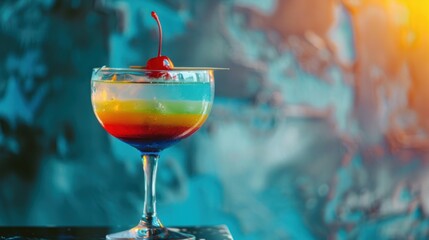 Wall Mural - Rainbow layered cocktail with cherry.