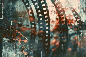 Wall Mural - A close-up of a film strip with a clock in the background