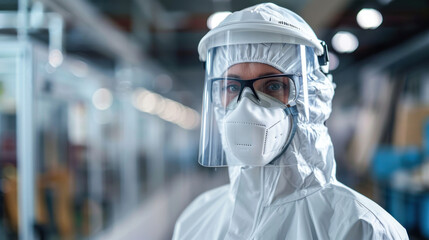 Wall Mural - A scientist wearing a white protective suit and mask, working in a clean and secure laboratory environment.