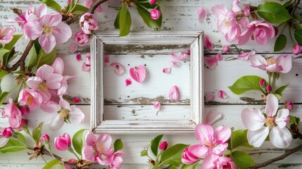 Wall Mural - Photo of pink apple blossoms and heart in empty old frame on white wooden background Top view