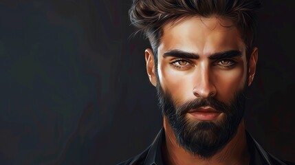 A painting of a man with dark brown hair, a full beard, and intense brown eyes.