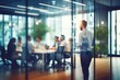 © Andrii - Abstract blurred group of business people managers in the meeting room of the modern office. Teamwork concept. Generative ai
