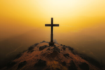 Wall Mural - Cross on hilltop at sunset, golden sky creating serene and spiritual atmosphere, symbol of faith and hope