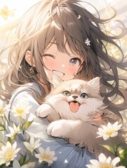 Wall Mural - a kawaii girl holding a cat, there are lots of flowers behind the girl. Japanese animation style digital art illustration painting.