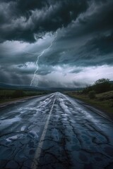 Wall Mural - a deserted road under dark skies with a bright lightning bolt