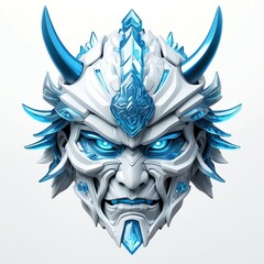 Wall Mural - ice crystal blue samurai head 3d art logo in plain white background 372