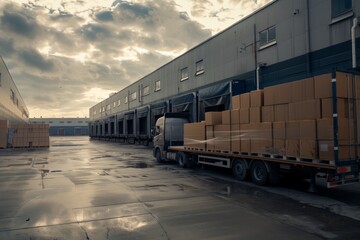 Boxes packed and loaded into large truck outside logistics center