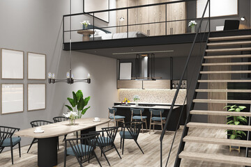 Wall Mural - 3d render of illustration design minimal interior loft, bedroom above with frames mock up. Light oak parquet, light gray wall and gray ceiling. Set 2