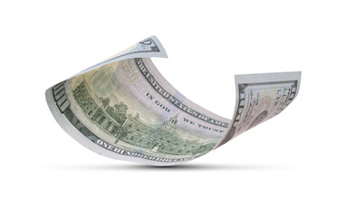 Wall Mural - One Hundred Dollar Bill Floating Down To Surface with Drop Shadow Isolated. Transparent PNG.