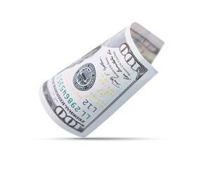 Wall Mural - One Hundred Dollar Bill Floating Down To Surface with Drop Shadow Isolated. Transparent PNG.