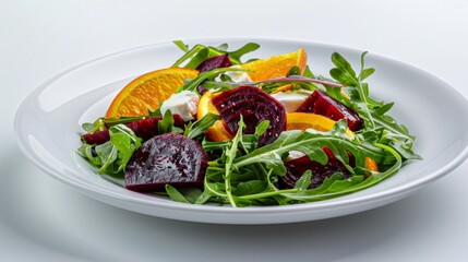 Canvas Print - Fresh beetroot and orange salad on a white plate. A vibrant mix of ingredients balanced for a refreshing taste. Perfect for healthy meal ideas. Styled as a gourmet dish. AI