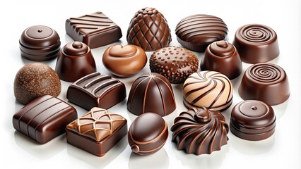 Wall Mural - rendered chocolates in various shapes and sizes on a white background, chocolates, chocolate day,rendered, stock photo