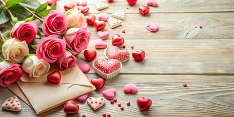 Poster - Romantic background with heart-shaped candies, roses, and love letters, Valentine's Day, background, romantic