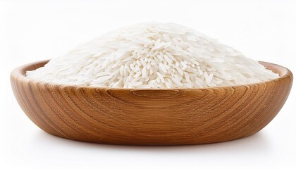 dry white long rice basmati in wooden bowl isolated on a white background