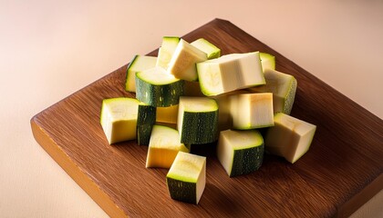 brunoise zucchini on a brown wooden cutting board zucchini cut into small cubes