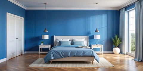 Canvas Print - Bedroom with blue walls and white and blue bedding, bedroom, blue, walls, white, bedding, room, cozy, interior, decoration