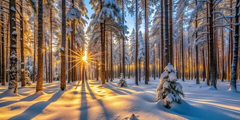 Wall Mural - Snow covered woods glowing in the setting sunlight, winter, forest, trees, snow, cold, sunlight, nature, landscape, scenic