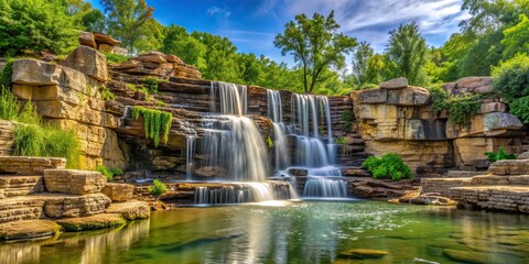 Sticker - A small waterfall surrounded by layered rocks in a serene landscaping setting in Branson Missouri, waterfall, rocks