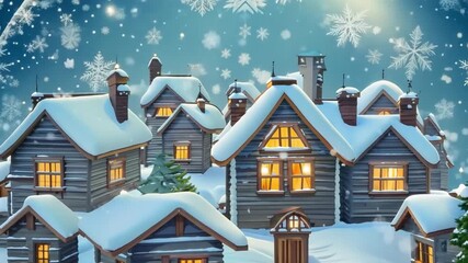 Poster - Cozy wooden cabins are blanketed in snow, illuminated from within, creating a warm atmosphere against a backdrop of falling snowflakes.