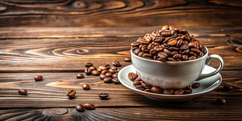 Wall Mural - Coffee beans in a cup on a wooden table, coffee, beans, cup, wooden, table, aroma, morning, drink, beverage, roasted, caffeine