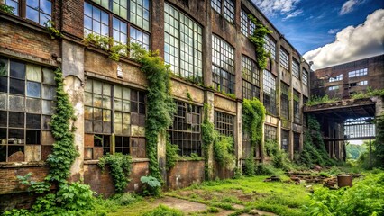 Canvas Print - Old abandoned factory with broken windows and overgrown vegetation, abandoned, industrial, decay, ruin, desolate, empty