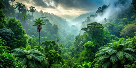 Sticker - Lush, green rainforest with misty atmosphere , tropical, vegetation, trees, foliage, moisture, humidity, jungle, canopy