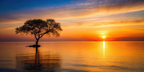 Canvas Print - Sunset over calm sea with silhouette of tree, sunset, sea, tree, tranquil, nature, dusk, orange, horizon, reflection, serene