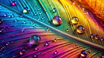 Poster - Close-up shot of vibrant feather texture with water droplets, feathers, colorful, texture, close-up, water droplets, vibrant