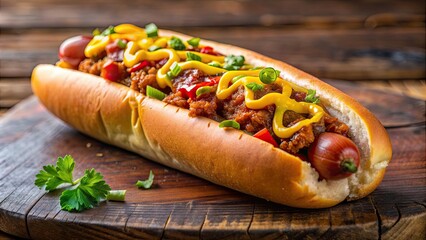 Wall Mural - Delicious gourmet hot dog topped with chili, cheese, and mustard, gourmet, hot dog, toppings, chili, cheese, mustard