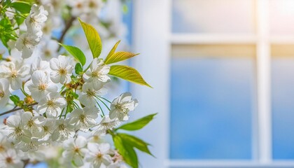 Branches of blossoming cherry macro with soft focus on gentle light blue sky background in sunlight with copy space.