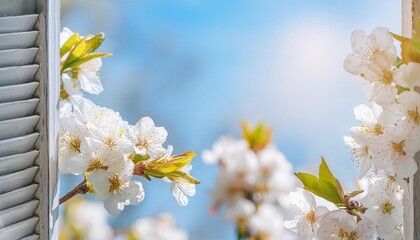 Branches of blossoming cherry macro with soft focus on gentle light blue sky background in sunlight with copy space.