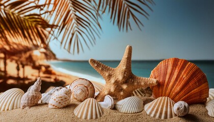 Wall Mural - Beach summer panoramic background with seashells and starfish.	
