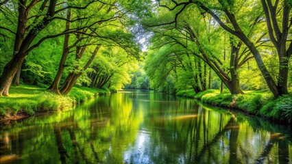 Poster - Lush trees bordering a serene stream, nature, water, peaceful, relaxation, forest, green, tranquil, landscape, trees, stream