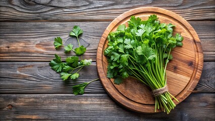 Wall Mural - Overhead view of a bunch of cilantro on a wooden plate surrounded by greenery, cilantro, herb, fresh, organic, culinary