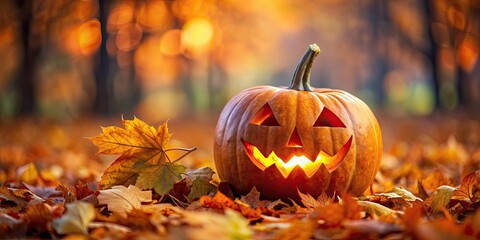 Poster - Halloween pumpkin with spooky carved face surrounded by autumn leaves, halloween, pumpkin, jack-o-lantern, autumn, decoration