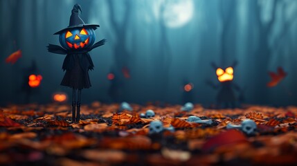 A Halloween themed scene with a witch and skeletons