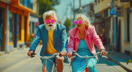 Wall Mural - an old couple riding bicycles. The man wears a blue blazer and yellow t-shirt with pink sunglasses