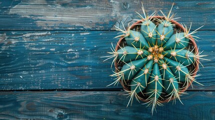 Wall Mural - Top view of spiky cactus on wood backdrop Blue green cactus with long yellow needles Flat lay close up shot with space for text